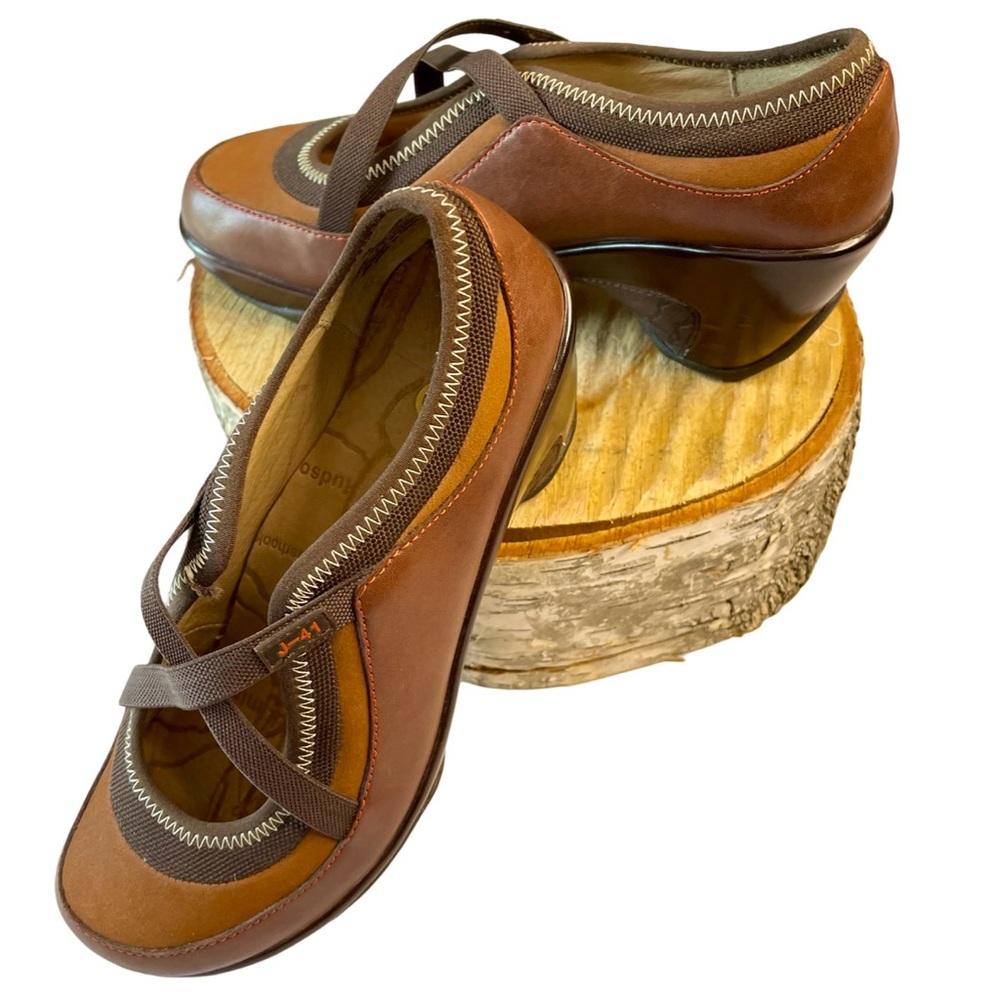 J-41 Adventure On Brown Leather “Hybrid” Cross Strap Shoes Size 7M Wedge Heel